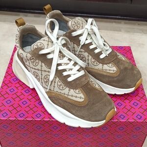 Tory Burch Taupe and Cream Logo Canvas Sneakers
